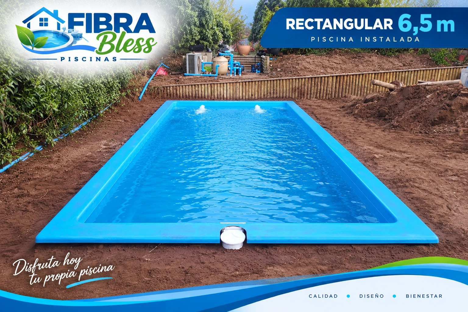 Rectangular 6,5 m · Piscina instalada y funcionando